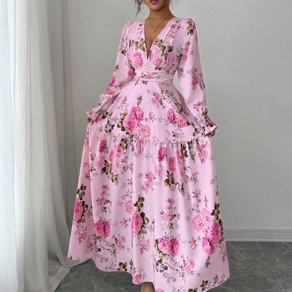 Pink Boho Chic Women's Ditsy Floral Midi Dress - Picture 6 of 7